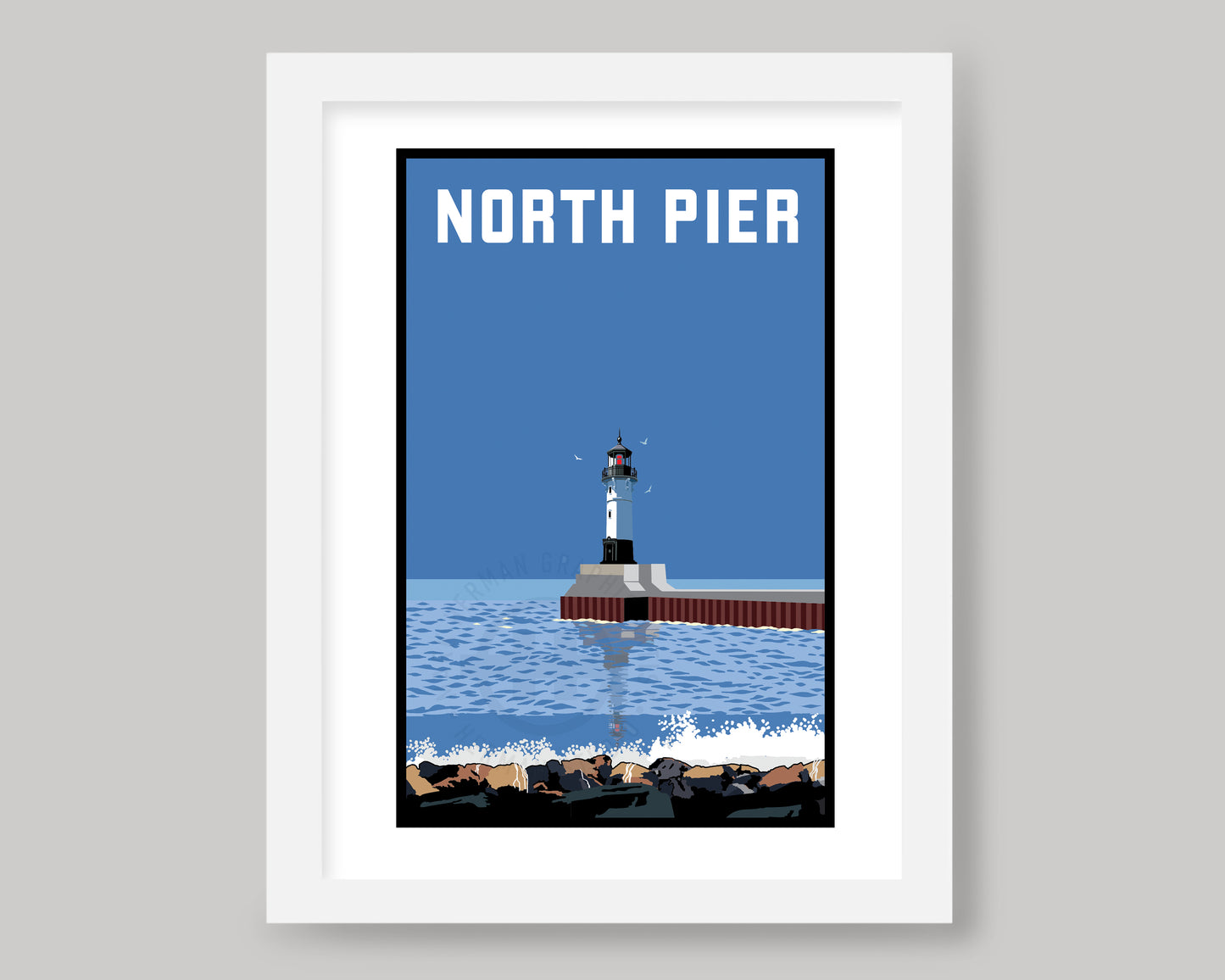 DULUTH HARBOR NORTH PIER LIGHTHOUSE VIEW FROM THE SHORE || MINNESOTA LANDMARK ART PRINT