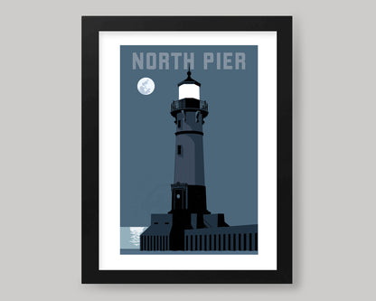 DULUTH HARBOR NORTH PIER LIGHTHOUSE NIGHT || MINNESOTA LANDMARK ART PRINT