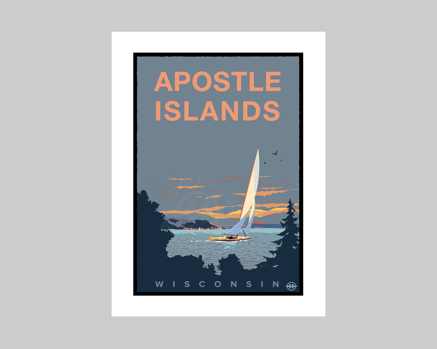 APOSTLE ISLANDS GRAY SKIES SAILING || WISCONSIN LANDMARK ART PRINT