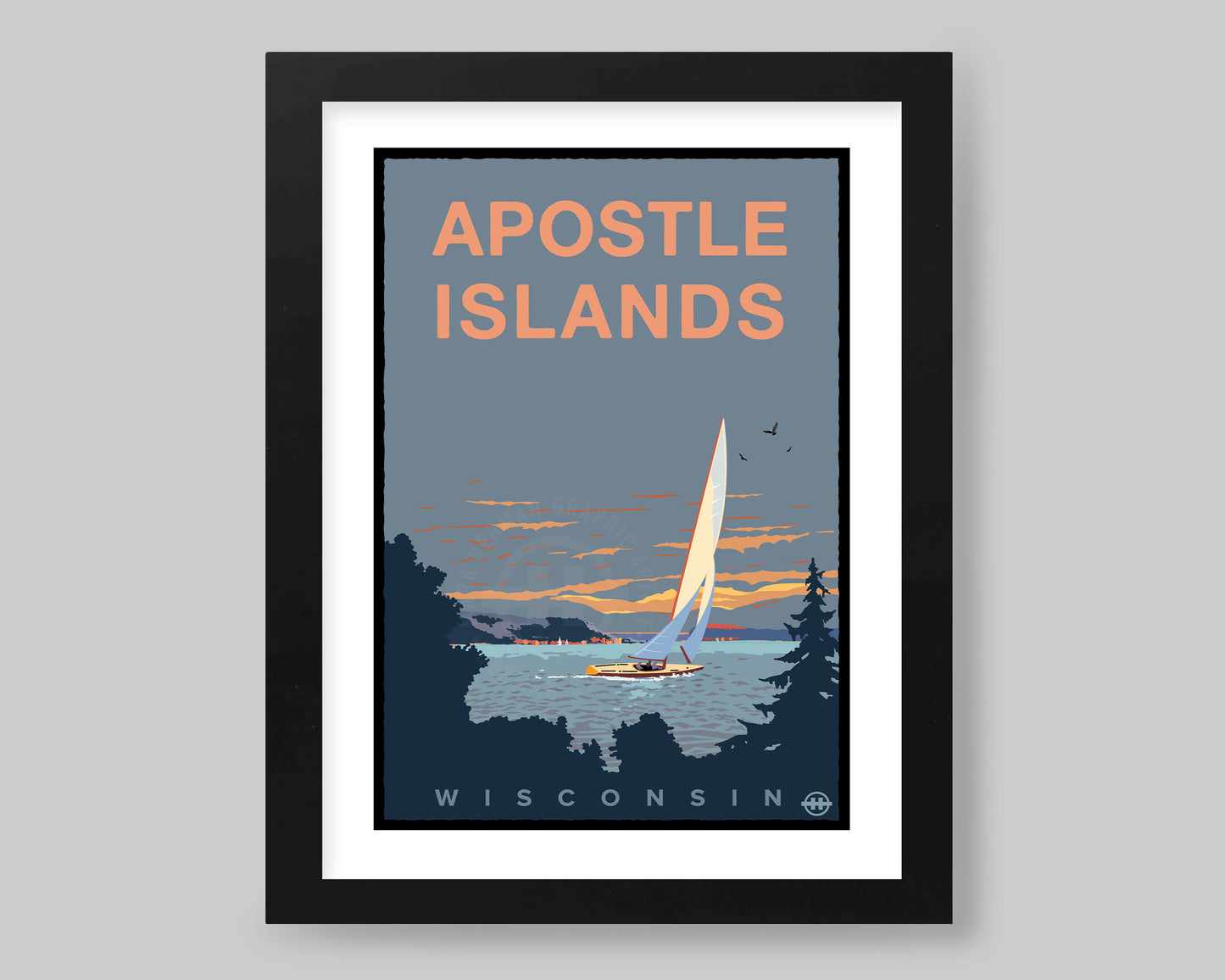 APOSTLE ISLANDS GRAY SKIES SAILING || WISCONSIN LANDMARK ART PRINT