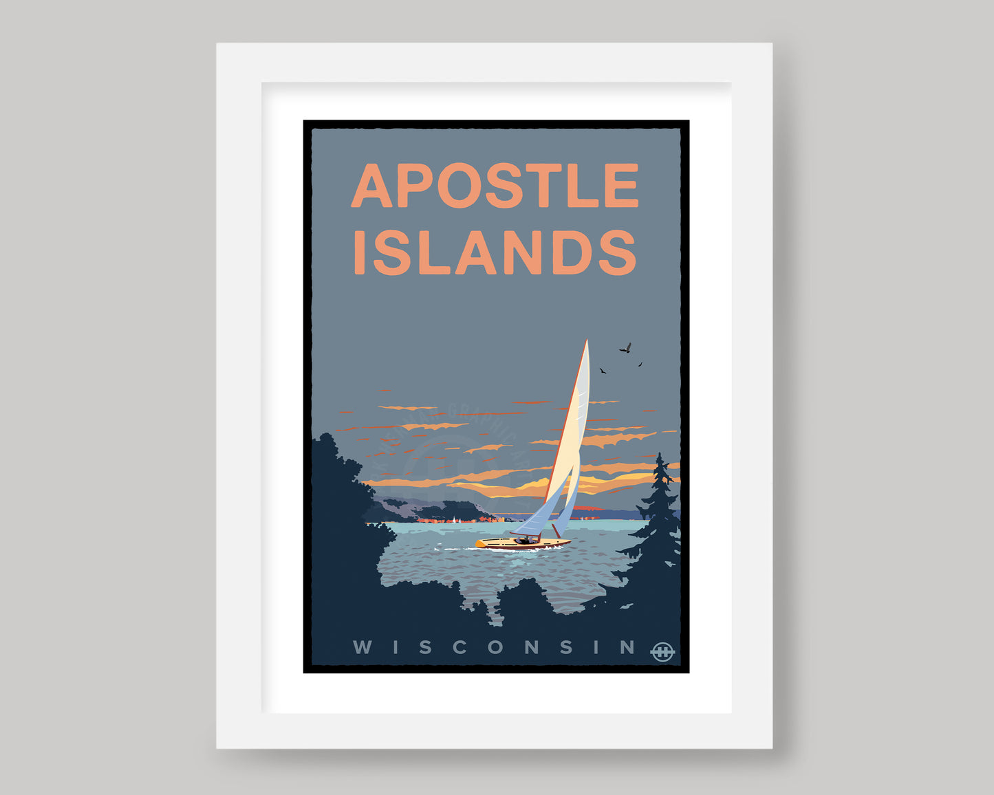 APOSTLE ISLANDS GRAY SKIES SAILING || WISCONSIN LANDMARK ART PRINT